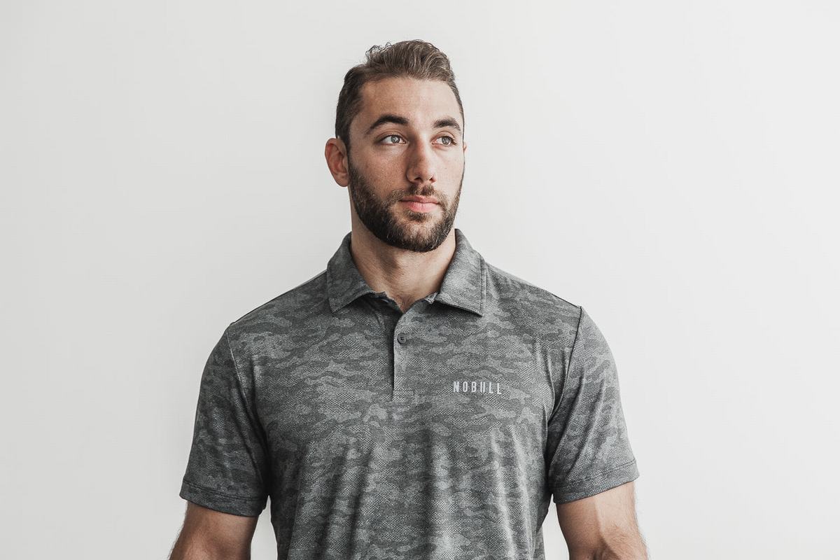 Nobull Lightweight Textured Polo Men's T Shirts Black Camo | Australia (OS3120)